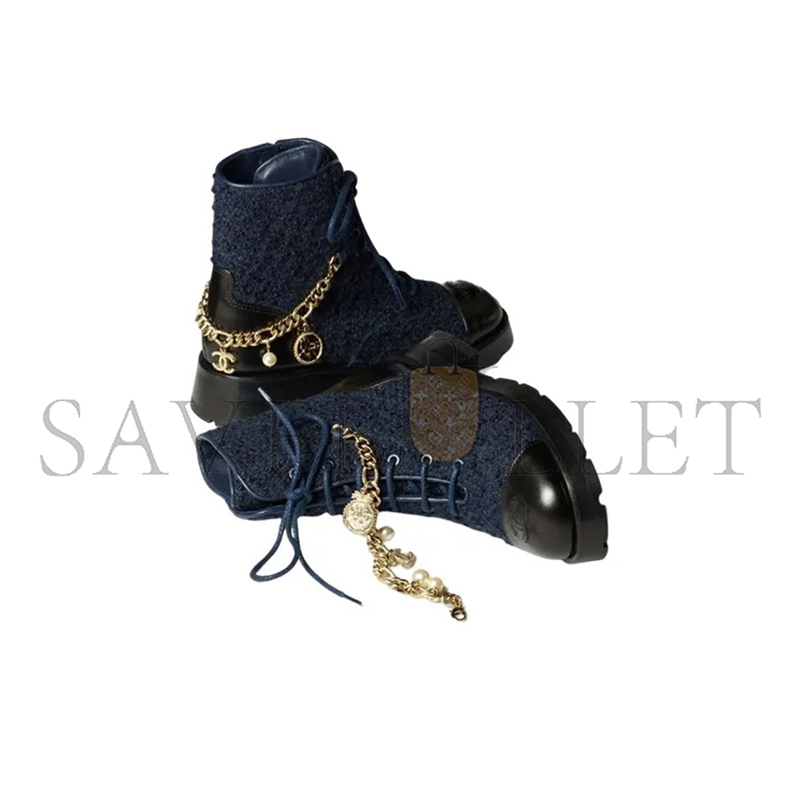 CHANEL LACE-UPS WOOL TWEED, CALFSKIN & METAL NAVY BLUE & BLACK G39393 Y56125 K4839 CHANEL LACE-UPS WOOL TWEED, CALFSKIN & METAL NAVY BLUE & BLACK G39393 Y56125 K4839